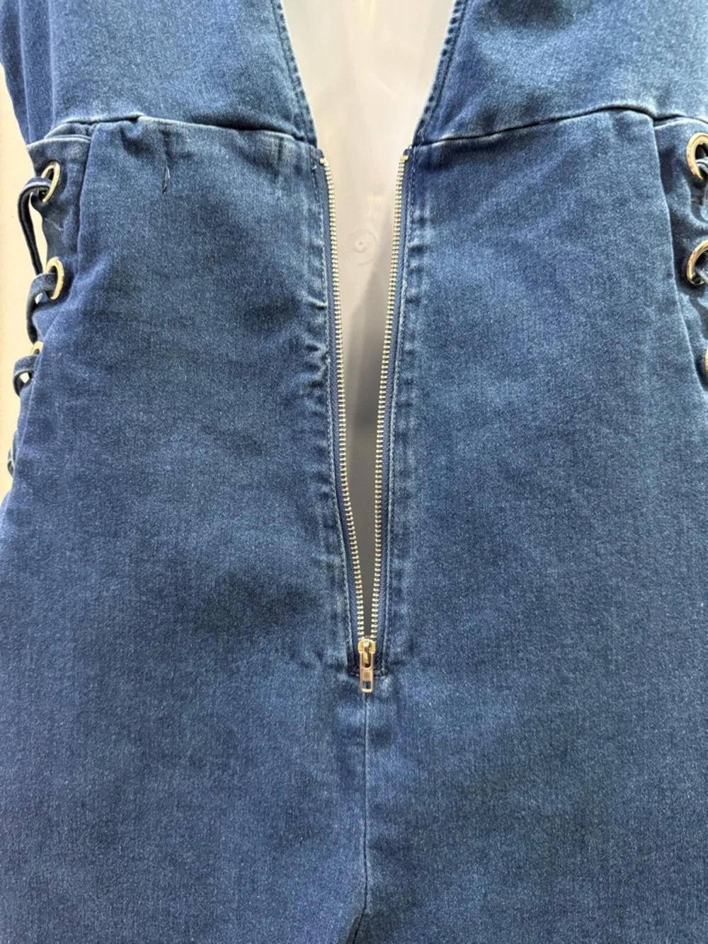 C’EST TOI Denim Laced Sides V-Neck Stretch  Jumpsuit  Size XL - Picture 3 of 14